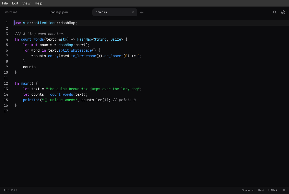 Nimble Newt editing demo.rs, a small Rust word counter, with tabs for notes.md and package.json, syntax highlighting, line numbers, and a status bar reading Ln 1, Col 1, Spaces: 4, Rust, UTF-8 and LF.
